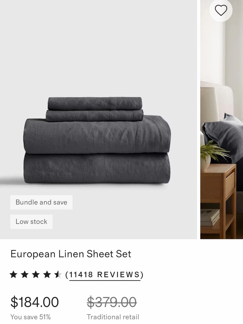 Quince Charcoal Linen Queen Bedding Sheet Set